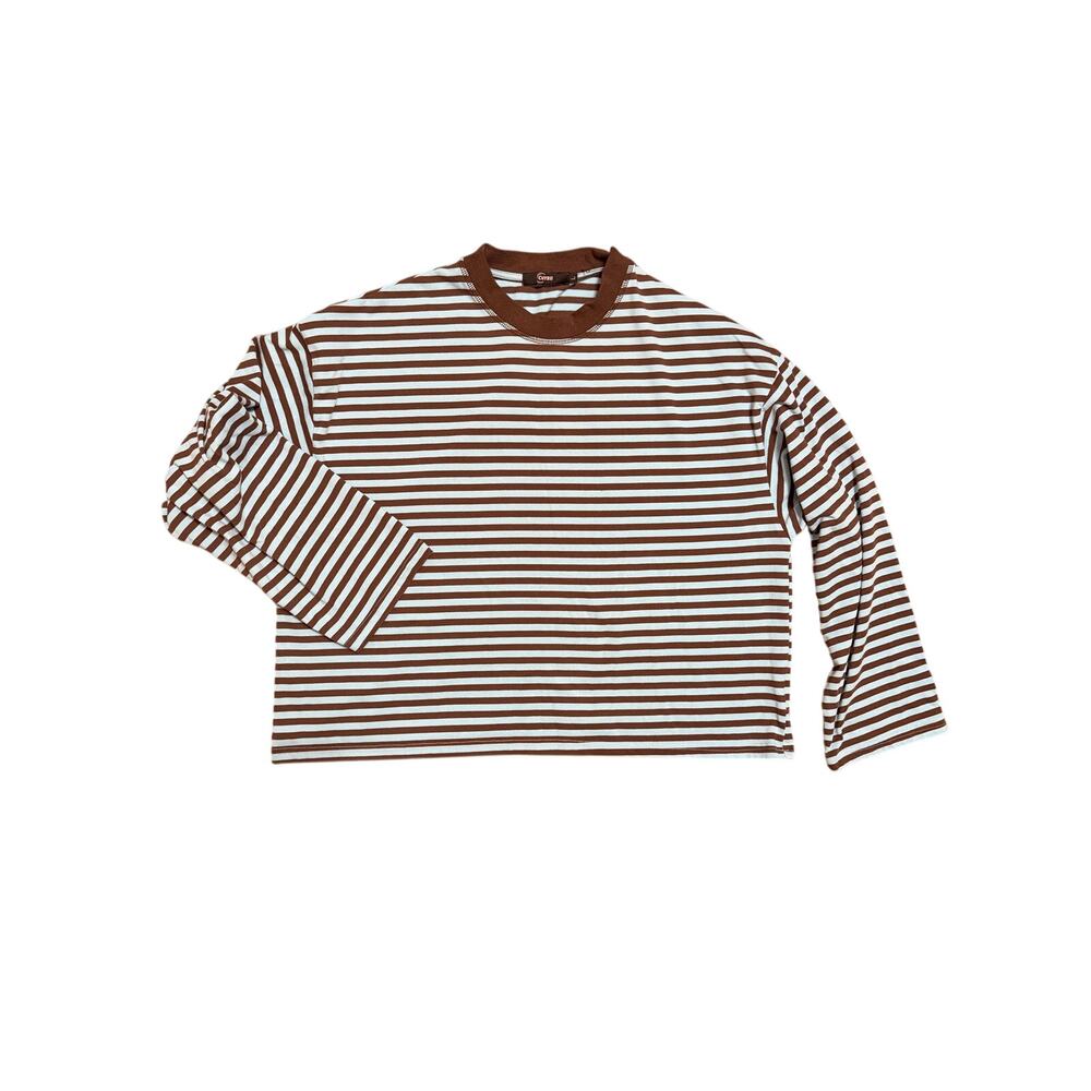CHYRII Chocolate Brown & Light Blue Striped Long Sleeve Top Size Large